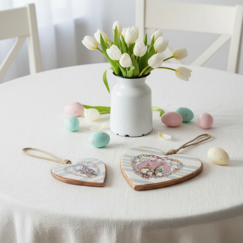 BLANC MARICLÒ Set 2  Cuori in Legno "JOYEUSES PÂQUES"