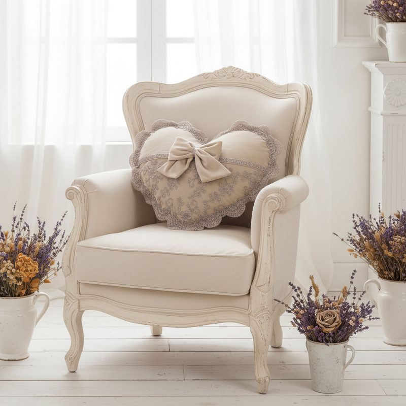 Cuscino cuore shabby chic con pizzo ricamato e fiocco 40x33 cm Fiori di Lena – ambientazione