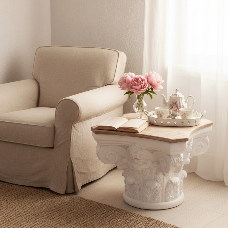 COCCOLE DI CASA Tavolino Capitello Bianco con Top in Legno Naturale