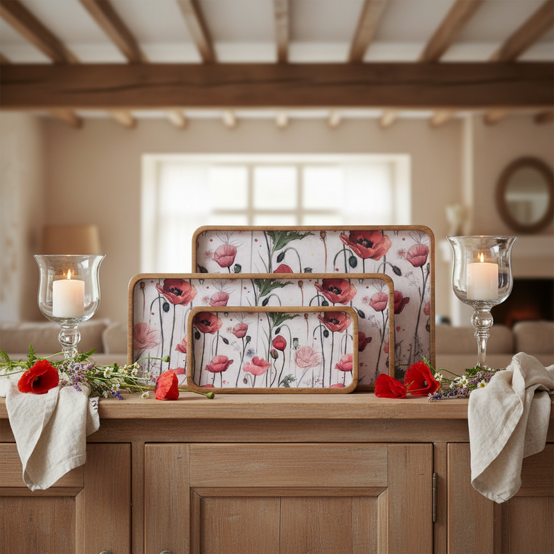 BLANC MARICLÒ Set da 3 Vassoi in Legno Rettangolari con Papaveri "COQUELICOT"