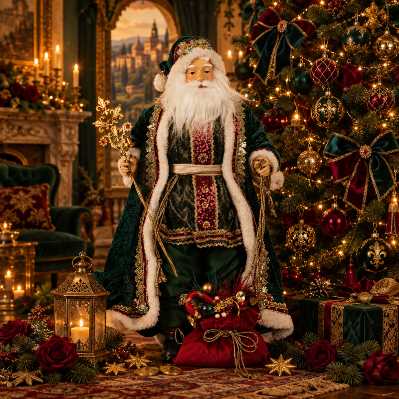 FIORI DI LENA Babbo Natale Edizione Limitata su Base Legno con Abito Verde e Scettro