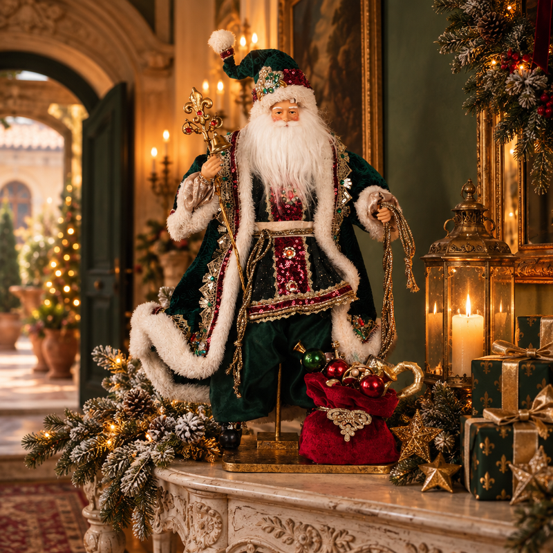 FIORI DI LENA Babbo Natale Edizione Limitata su Base in Legno con Abito Verde e Sacco Doni