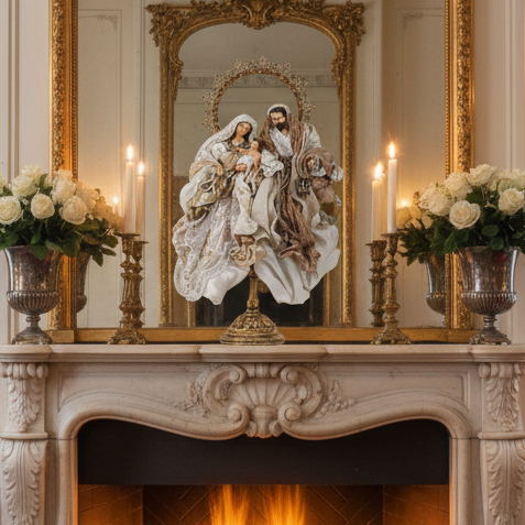 Scultura Sacra Famiglia Fiori di Lena avorio e oro su piedistallo – ambientazione natalizia

