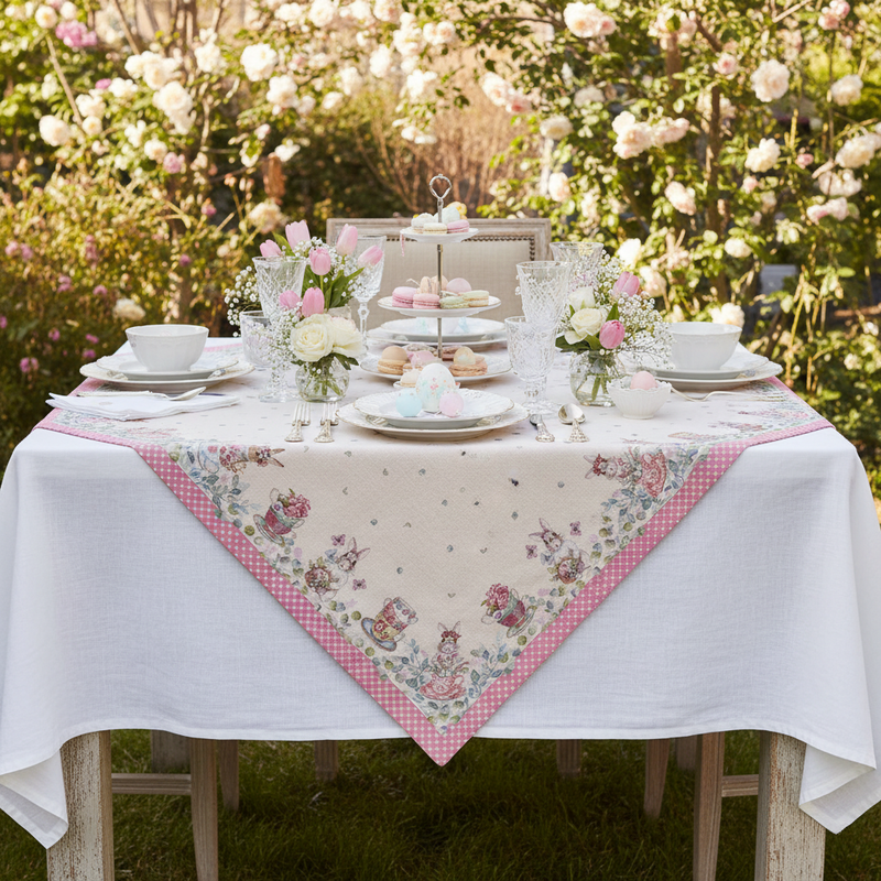 NUVOLE DI STOFFA Centrotavola Quadrato con Coniglietti e Tazze "JACQUARD"