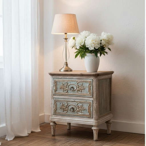 Comodino brocante shabby chic con due cassetti intarsiati in legno naturale
Blanc Mariclò – Sweet Home Shabby Style
Ambientazione, luce naturale