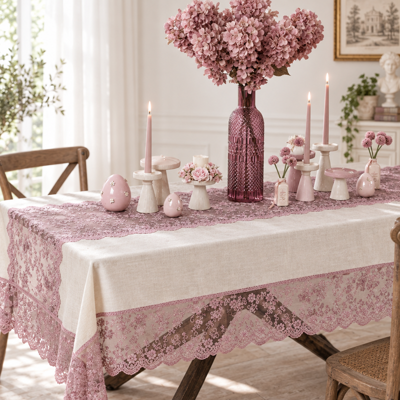 FIORI DI LENA Tovaglia in Lino Avorio e Pizzo Rosa con Tramezzo
