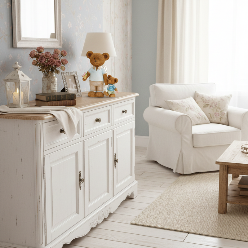 Statuetta orso con orsetto Sweet Bear in resina su credenza bianca in soggiorno provenzale
Nuvole di Stoffa – Sweet Home Shabby Style
Ambientazione soggiorno, vista d'insieme