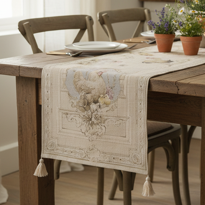 BLANC MARICLÒ Runner Ricamato con Stampa Gallina e nappe "COCO"