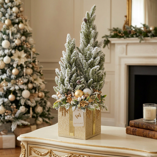 Composizione natalizia con alberelli innevati su pacco regalo dorato
Fiori di Lena
Ambientazione classica su credenza avorio e oro con luci natalizie ambrate, vista frontale
