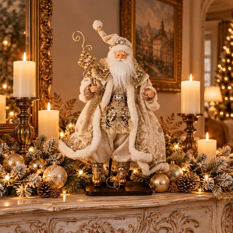 FIORI DI LENA Babbo Natale su Base in Legno con Abito Avorio e Dorato 46cm
