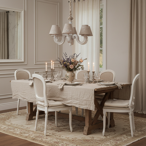 Lampadario Elsa in legno bianco anticato con 5 paralumi conici in lino in sala da pranzo shabby chic
Coccole di Casa – Sweet Home Shabby Style
Ambientazione sala da pranzo, luce