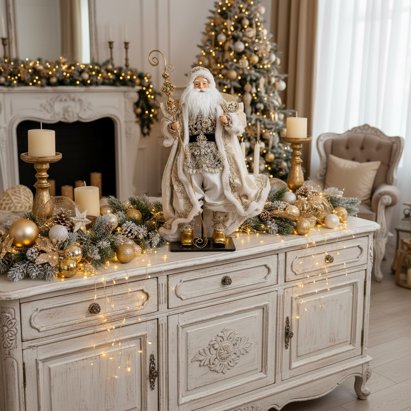 FIORI DI LENA Babbo Natale su Base in Legno con Abito Avorio e Dorato 64cm