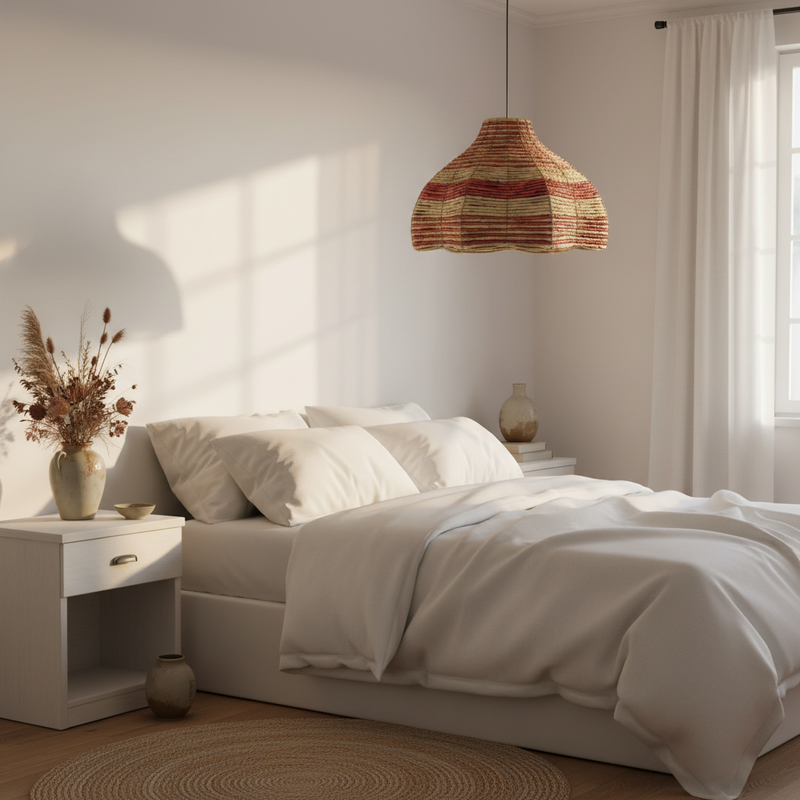 Paralume in alghe marine intrecciate sopra letto in camera da letto naturale eco-chic
Blanc Mariclò – Sweet Home Shabby Style
Ambientazione camera da letto, atmosfera intima
