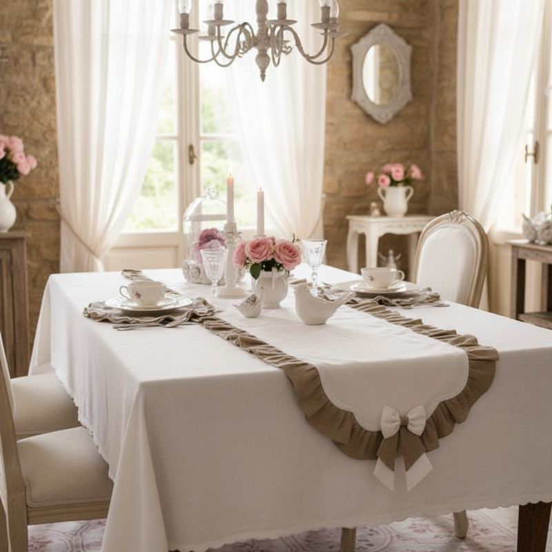 Runner Jolie bianco e tortora con bordo smerlato e fiocchi su tavola apparecchiata shabby chic
Coccole di Casa – Sweet Home Shabby Style
Ambientazione tavola, vista dall'alto