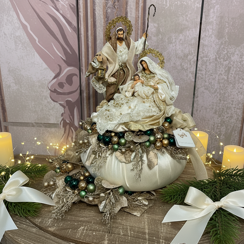 FIORI DI LENA Pouf in Seta con Natività e Sferette Verdi