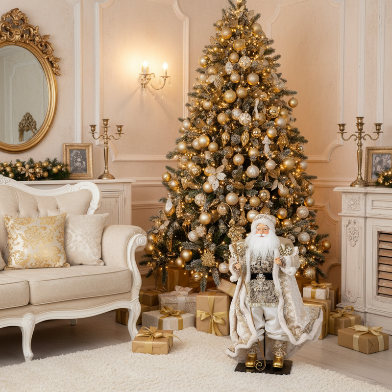 FIORI DI LENA Babbo Natale su Base in Legno con Abito Avorio e Dorato 64cm