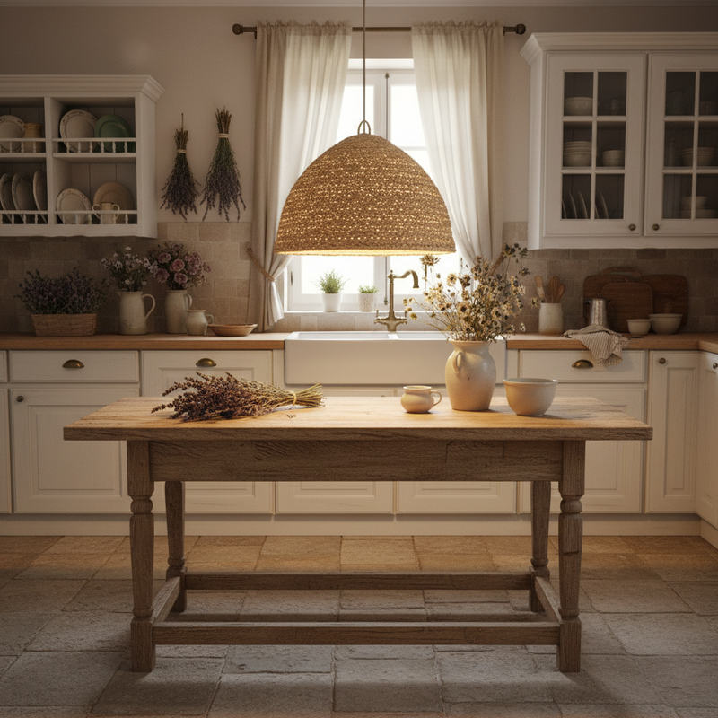 Paralume Heritage in paglia intrecciata e metallo in cucina shabby chic provenzale
Blanc Mariclò – Sweet Home Shabby Style
Ambientazione cucina, luce calda accesa