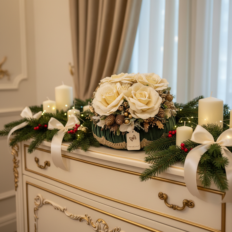 Decorazione natalizia pouf profumato verde inglese con rose e pizzo – Fiori di Lena – ambientazione