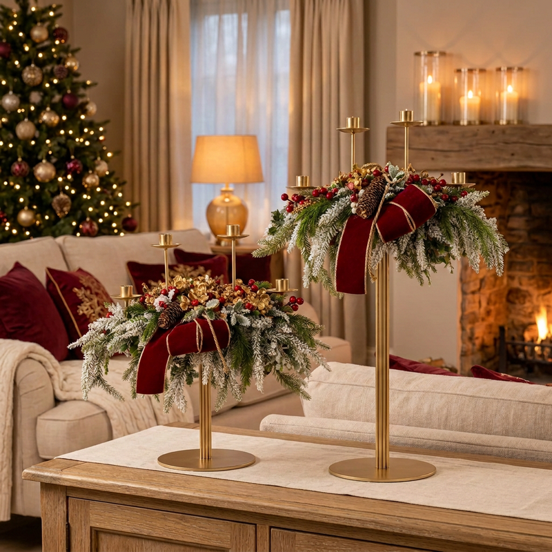 FIORI DI LENA Candeliere Natalizio a 4 Fiamme 65 cm Bordeaux