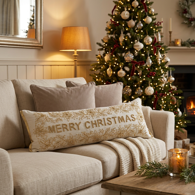 BLANC MARICLÒ Cuscino Natalizio Avorio con Perline "Merry Christmas"