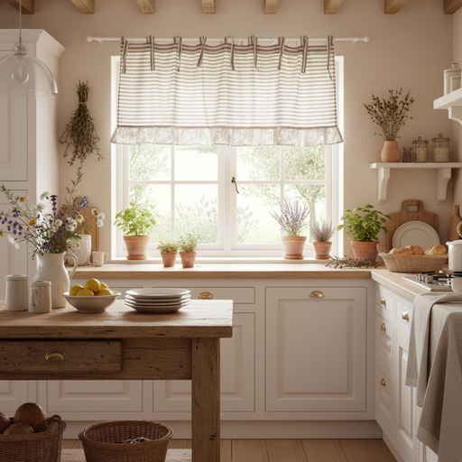 Mantovana a righe tortora e avorio con gala floreale plissettata su finestra cucina shabby chic
Blanc Mariclò – Sweet Home Shabby Style
Ambientazione cucina, luce naturale
