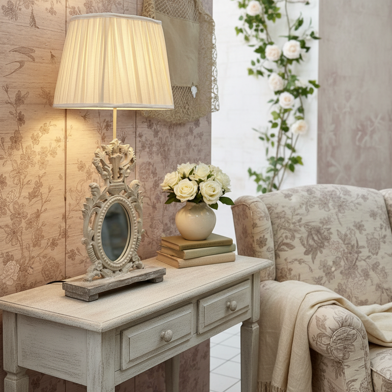 BLANC MARICLÒ Lampada in Legno con Specchio e Paralume in Lino