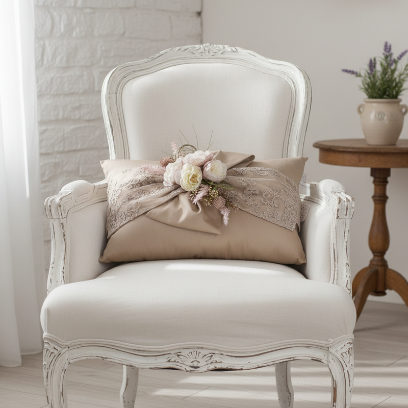 FIORI DI LENA Cuscino Rettangolare con Fiocco e Pizzo