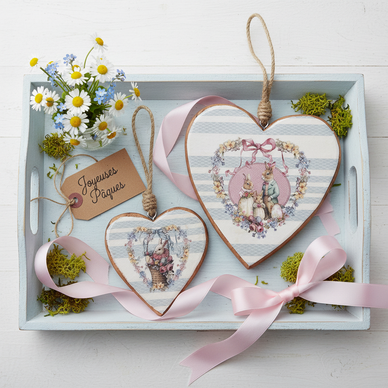 BLANC MARICLÒ Set 2  Cuori in Legno "JOYEUSES PÂQUES"