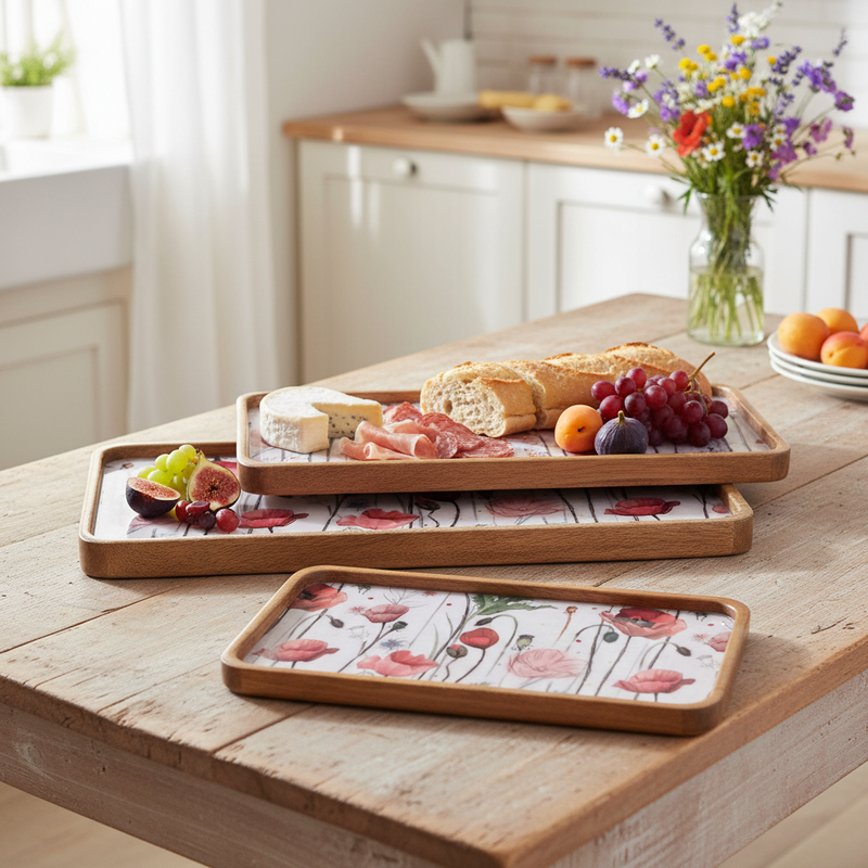 BLANC MARICLÒ Set da 3 Vassoi in Legno Rettangolari con Papaveri "COQUELICOT"