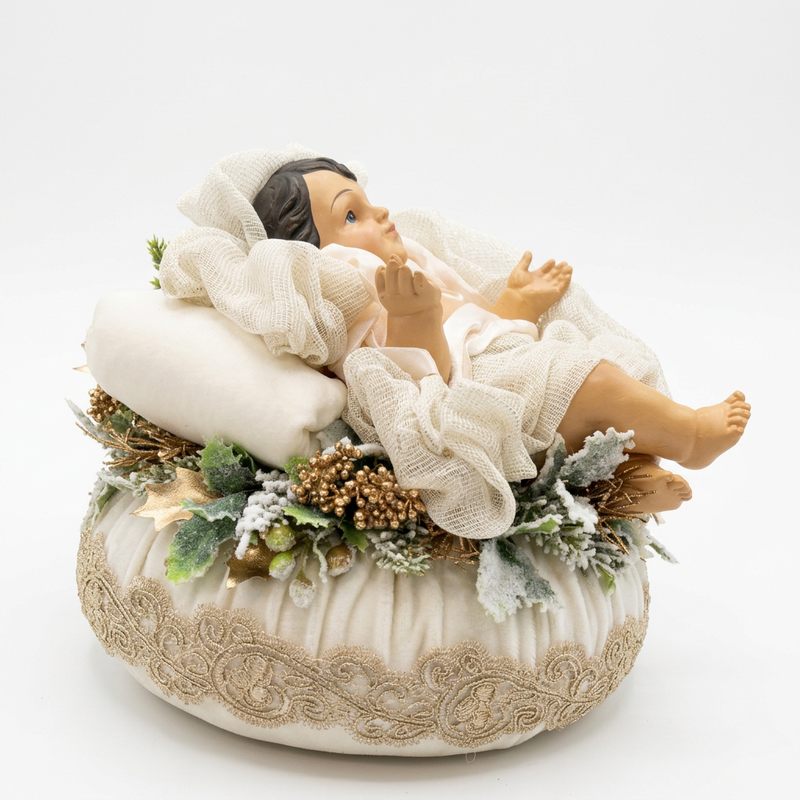 FIORI DI LENA Bambinello su Pouf in Velluto e Pizzo con Decori Natalizi Ø 24 cm