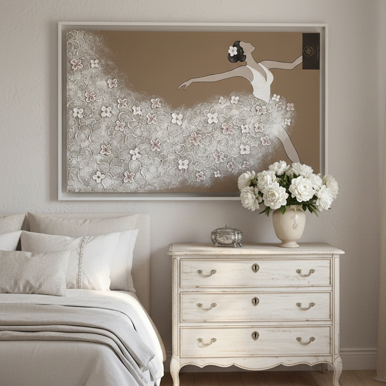 Quadro Ballerina Art Maiora dipinto a mano su tela con cornice legno bianco 130x90 cm Made in Italy