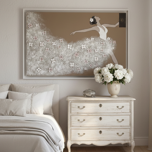 Quadro Ballerina Art Maiora dipinto a mano su tela con cornice legno bianco 130x90 cm Made in Italy