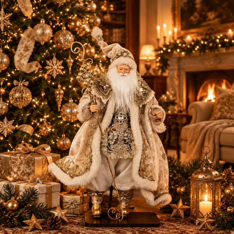 FIORI DI LENA Babbo Natale su Base in Legno con Abito Avorio e Dorato 46cm