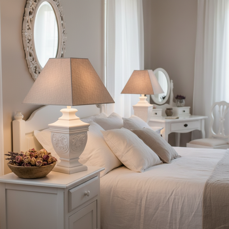 Lampada da tavolo Vladi in legno bianco decapato con cappa in lino su comodino shabby chic
Coccole di Casa – Sweet Home Shabby Style
Ambientazione camera da letto, luce calda accesa
