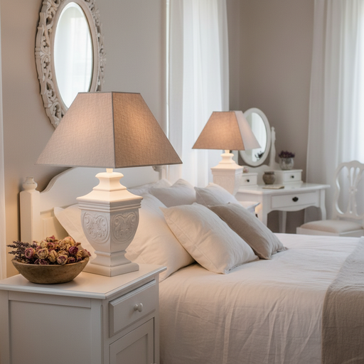 Lampada da tavolo Vladi in legno bianco decapato con cappa in lino su comodino shabby chic
Coccole di Casa – Sweet Home Shabby Style
Ambientazione camera da letto, luce calda accesa