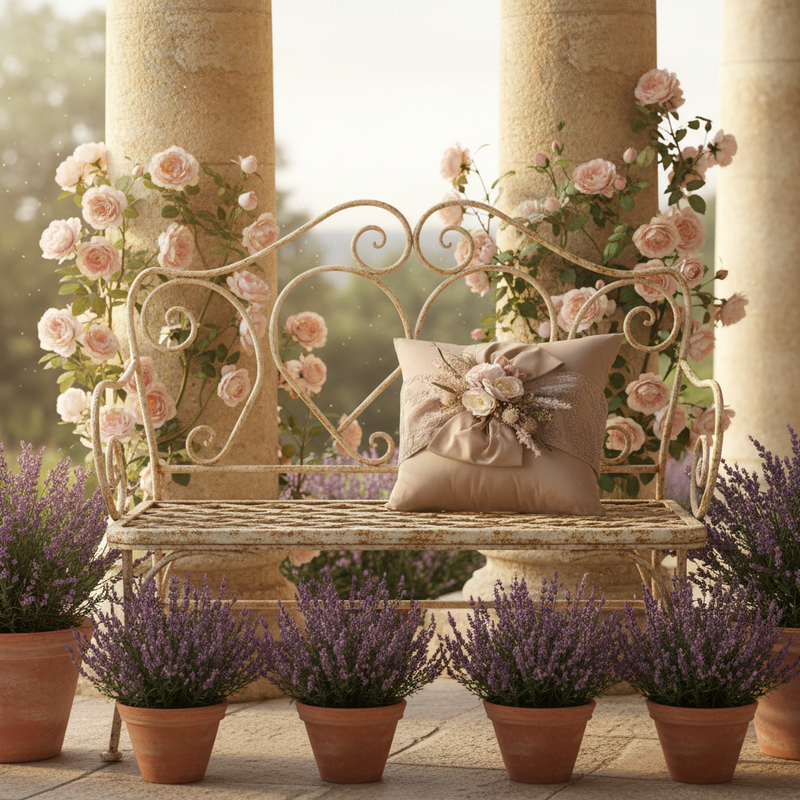 FIORI DI LENA Cuscino Quadrato con Fiocco Pizzo e Fiori