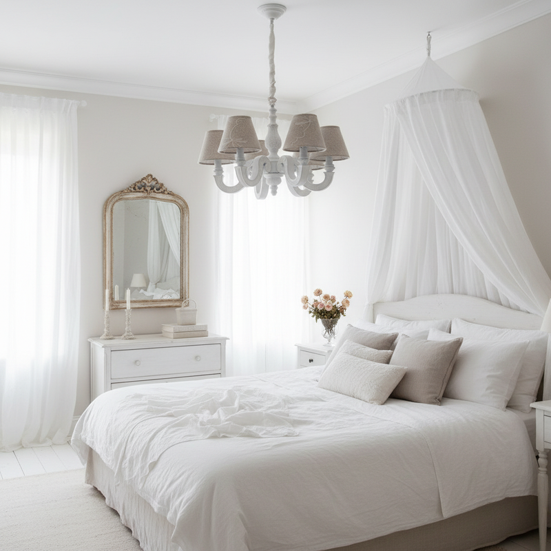 Lampadario Elsa in legno bianco anticato sopra letto in camera da letto shabby chic
Coccole di Casa – Sweet Home Shabby Style
Ambientazione camera da letto, atmosfera intima
