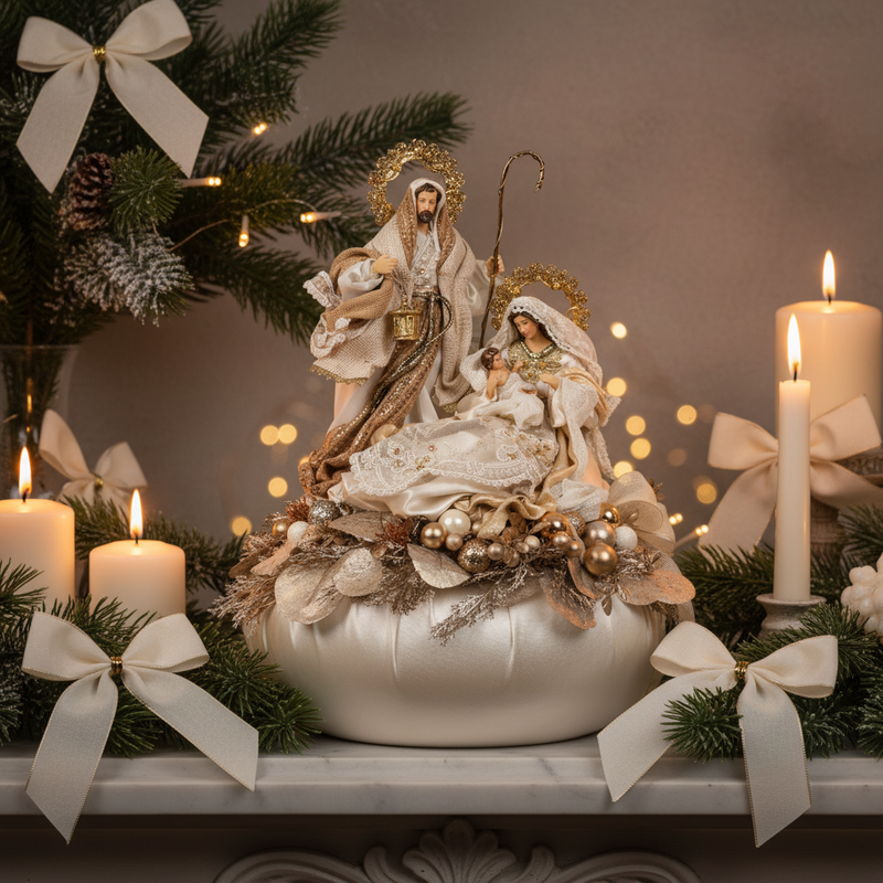 FIORI DI LENA Pouf Avorio in Seta con Natività e Sferette