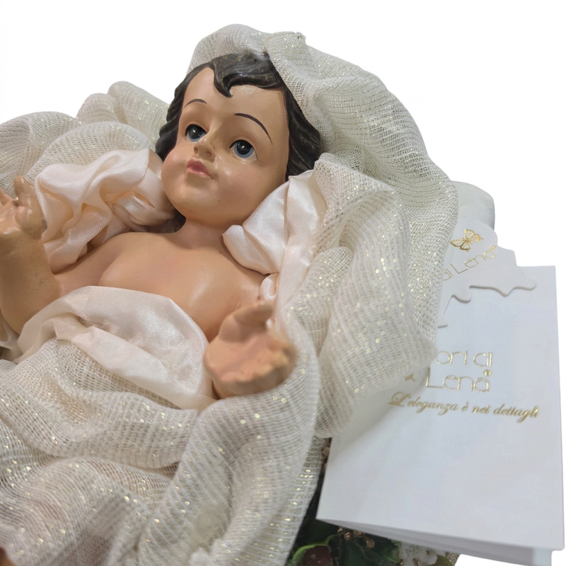 FIORI DI LENA Bambinello su Pouf in Velluto e Pizzo con Decori Natalizi Ø 24 cm