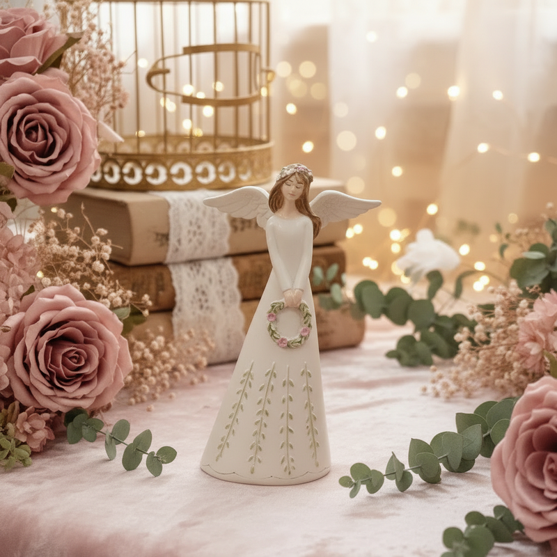 NUVOLE DI STOFFA Angelo in Resina con Vestito Floreale Shabby Chic