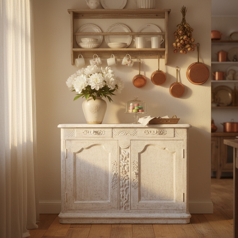 Credenza buffet Elisir D'Amore bianco decapé effetto calce in soggiorno shabby chic
Blanc Mariclò – Sweet Home Shabby Style
Ambientazione soggiorno, vista frontale
