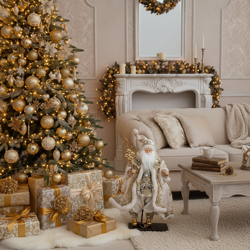 FIORI DI LENA Babbo Natale su Base in Legno con Abito Avorio e Dorato 46cm