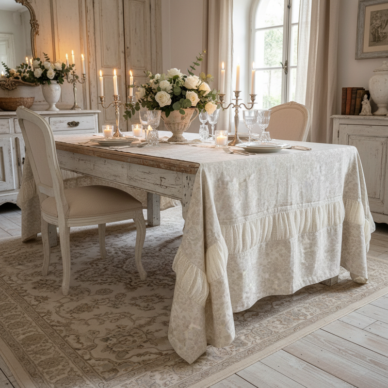 BLANC MARICLÒ Tovaglia in Fiandra Fiorato con Tulle a Pois