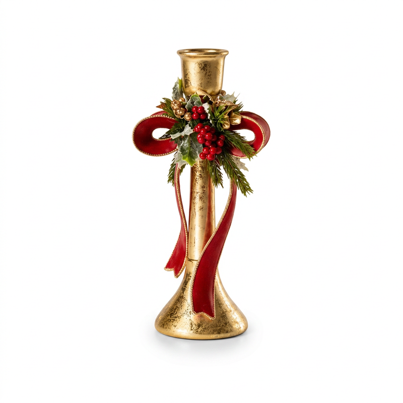 FIORI DI LENA Candeliere Natalizio Dorato in Resina con Fiocco Rosso 20 o 26 cm