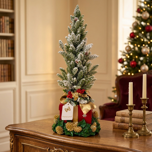 Alberello natalizio innevato su pacco regalo rosso in resina con fiocco dorato
Fiori di Lena
Ambientazione natalizia su credenza in noce con libri e candele, vista frontale
