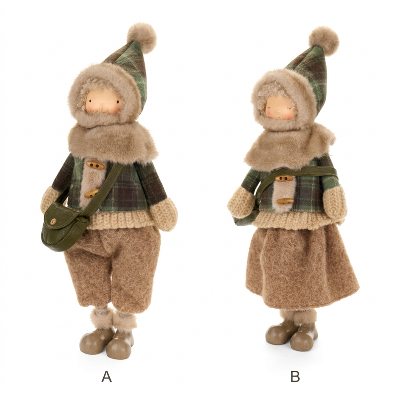 Bambole natalizie con borsa a tracolla e abiti a quadri verde e beige, altezza 54 cm
Nuvole di Stoffa
Modelli A e B affiancati su sfondo bianco