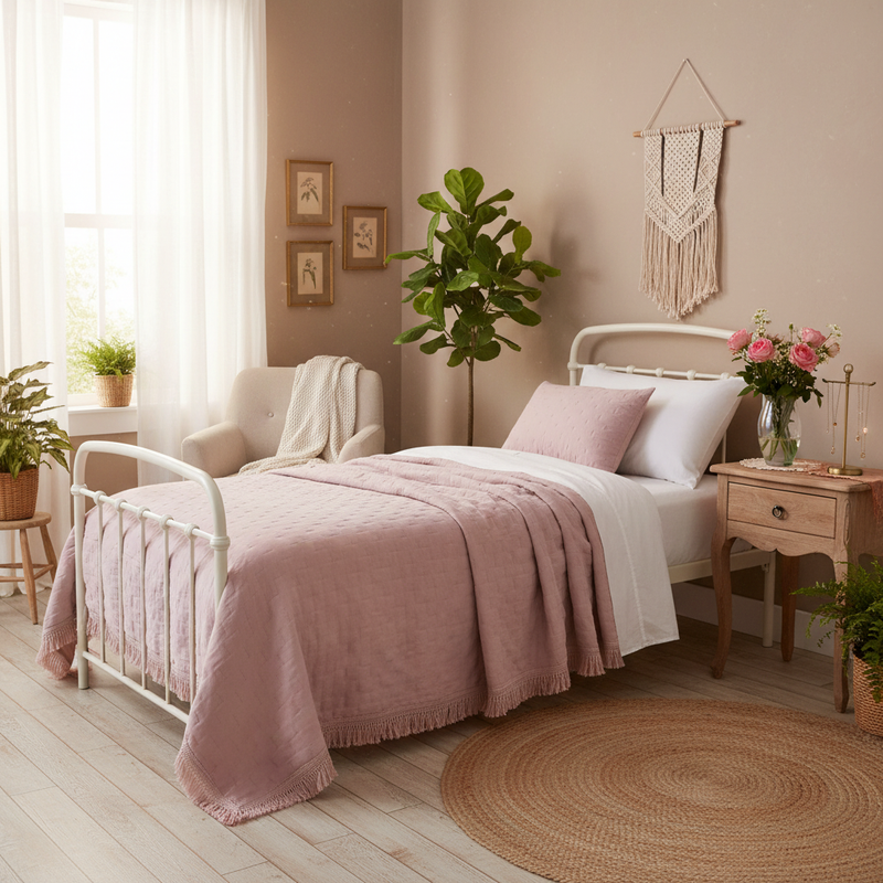 BLANC MARICLÒ Trapunta Singola con Frange 260 GSM "PETALI UNITI" Rosa