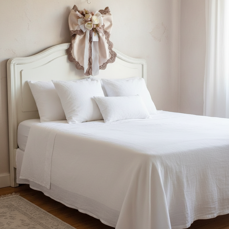 Fiocco decorativo shabby chic avorio e cioccolato su testiera del letto in stile provenzale
Fiori di Lena
Ambientazione camera da letto romantica