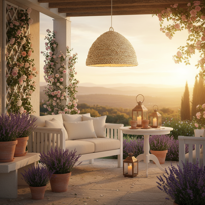 Paralume Heritage in paglia intrecciata su veranda romantica provenzale con rose
Blanc Mariclò – Sweet Home Shabby Style
Ambientazione veranda esterna, atmosfera estiva
