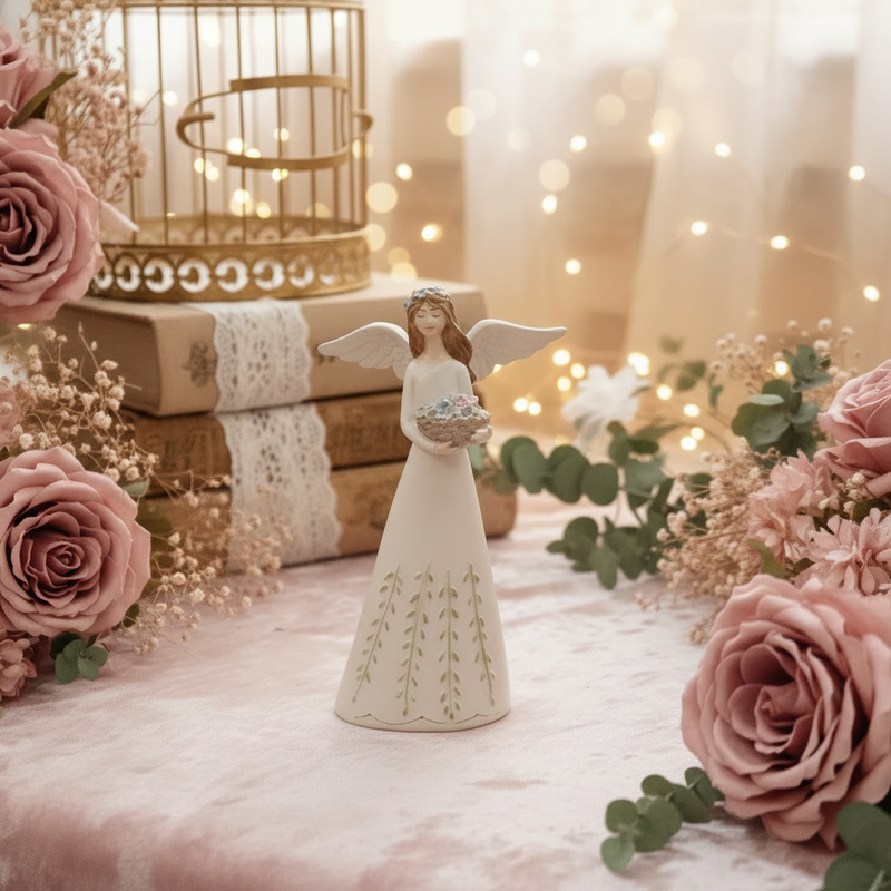 NUVOLE DI STOFFA Angelo in Resina con Vestito Floreale Shabby Chic